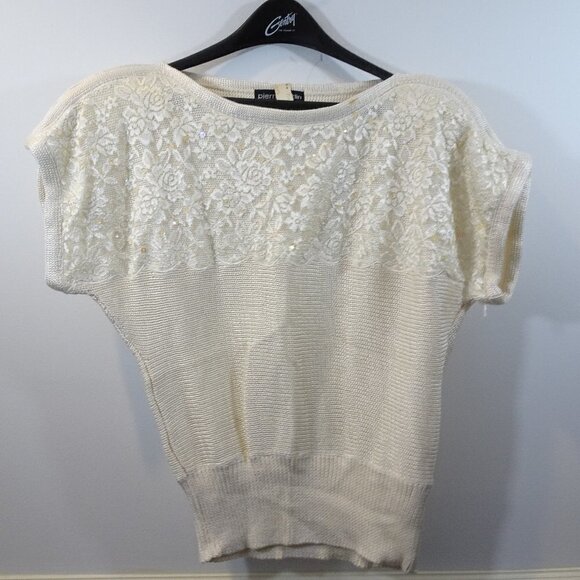 PIERRE CARDIN Ivory Cream Short Sleeve Sweater Lace Detail Sequin Size M Vintage - Picture 1 of 9